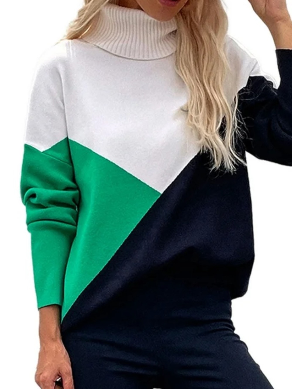 Colorblock Turtleneck Sweater in White, Green & Black - Picture 2 of 10